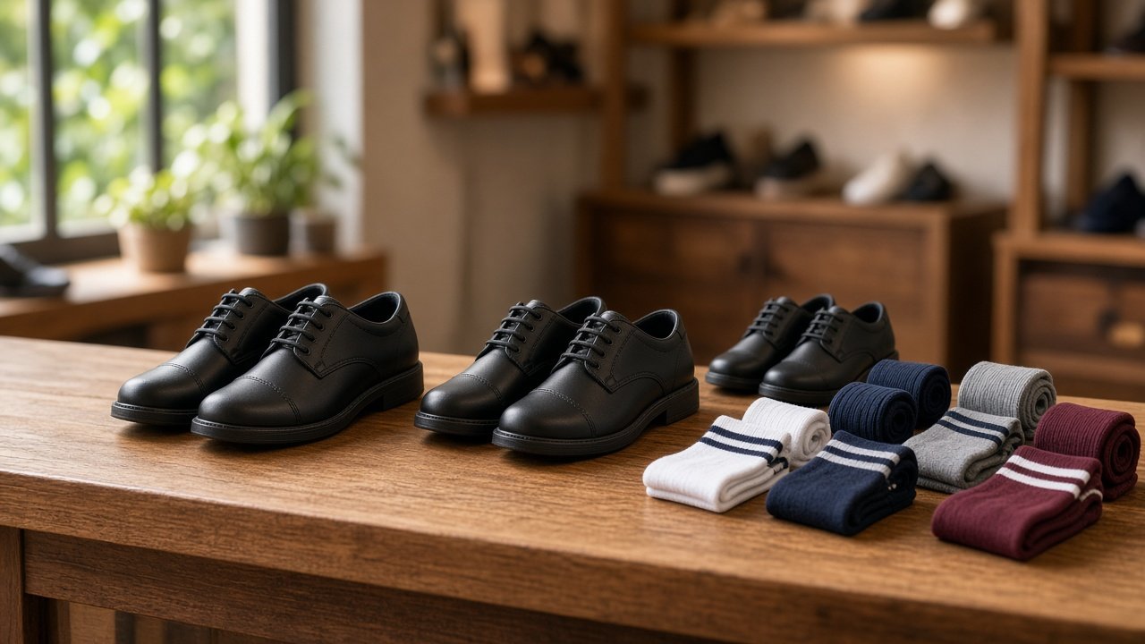 School shoes and socks displayed on a shop counter